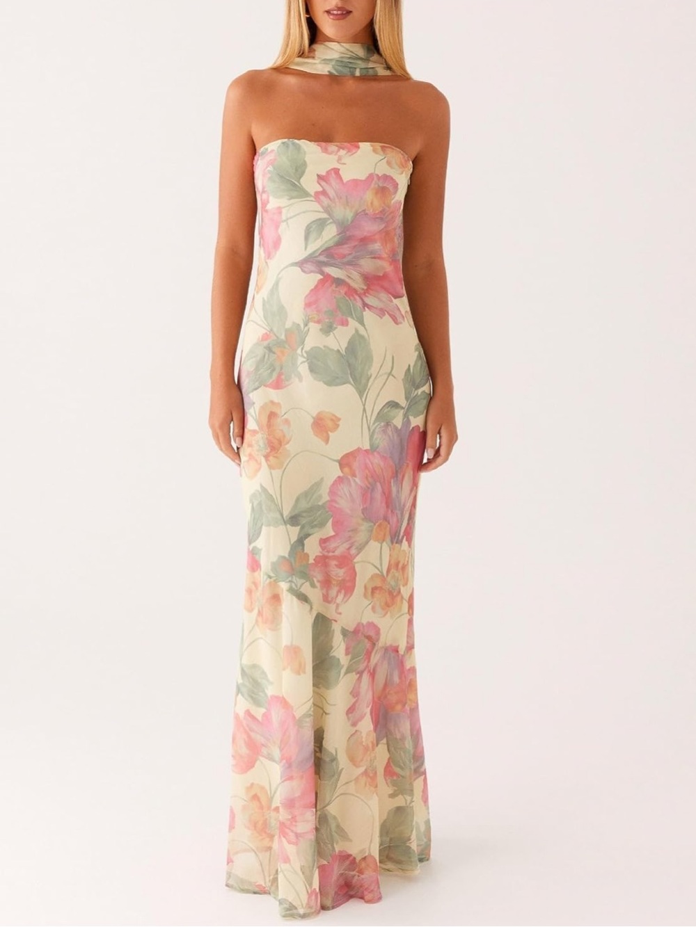 Strapless Floral Maxi Dress in Cream and Pink